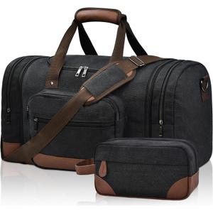 Litvyak Duffle Bag for Travel, 50L Canvas Travel Duffel Bags Overnight Weekend Gym Carry On Luggage Bag for Men & Women(Black+Toiletry Bag)
