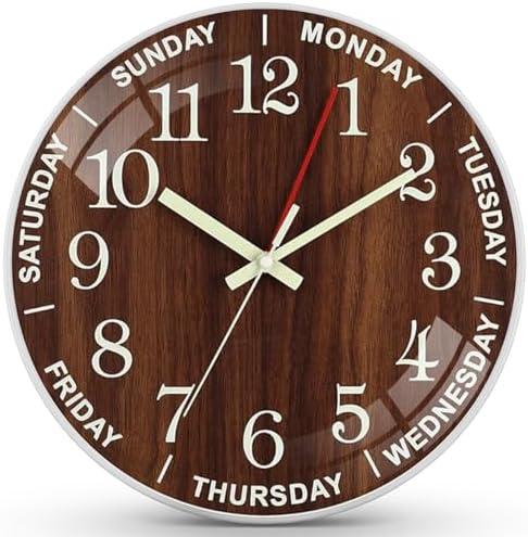 QINFIEY 12 Inch Day of Week Wall Clock, Non Ticking Modern Clocks Battery Operated，Analog Day Clock for Seniors Eldly，Classic for Office Home Classroom School Living Room,Unique Gift Clock(Brown)