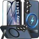 Hensinple for Samsung Galaxy S24 FE Case with Stand & Screen Protector,S24 FE Case Compatible with Magsafe, Military Shockproof Kickstand Matte Transparent Phone Case for Galaxy S24 FE(Black)