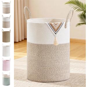 72L Large Tall Cotton Rope Laundry Basket with Handles, Brown | Storage Bin for Clothes, Blankets & Kids Toys, Boho Woven Hamper, Portable Organizer for Nursery, Bedroom, Living Room