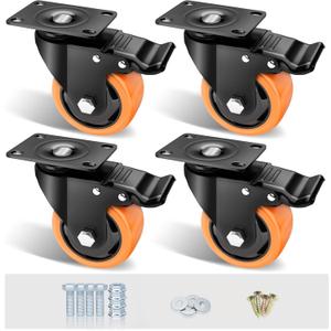 3" Caster Wheels Set of 4, Heavy Duty Casters with Brake, No Noise Locking Casters with Orange Polyurethane (PU) Wheels, Swivel Plate Castors Pack of 4