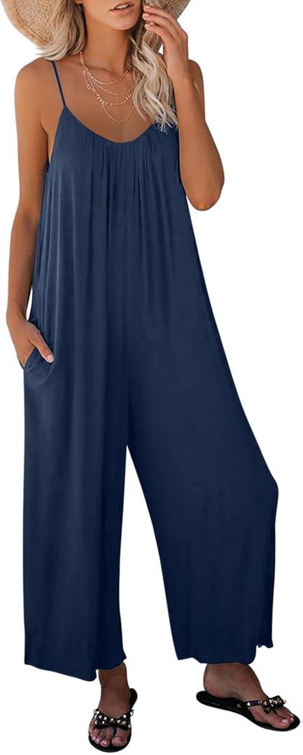 Dokotoo Women's Loose Sleeveless Jumpsuits Adjustable Spaghetti Strap Stretchy Long Pant Romper Jumpsuit with Pockets (X-Large, A Indigo Blue) Dokotoo Women's Loose Sleeveless Jumpsuits Adjustable Spaghetti Strap Stretchy Long Pant Romper Jumpsuit with Pockets (X-Large, A Indigo Blue)