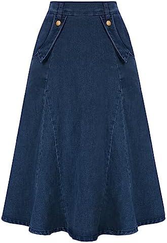 Belle Poque Women's Denim Skirts Vintage Elastic High Waist A-Line Long Maxi Jean Skirts with Pockets, Size 2XL