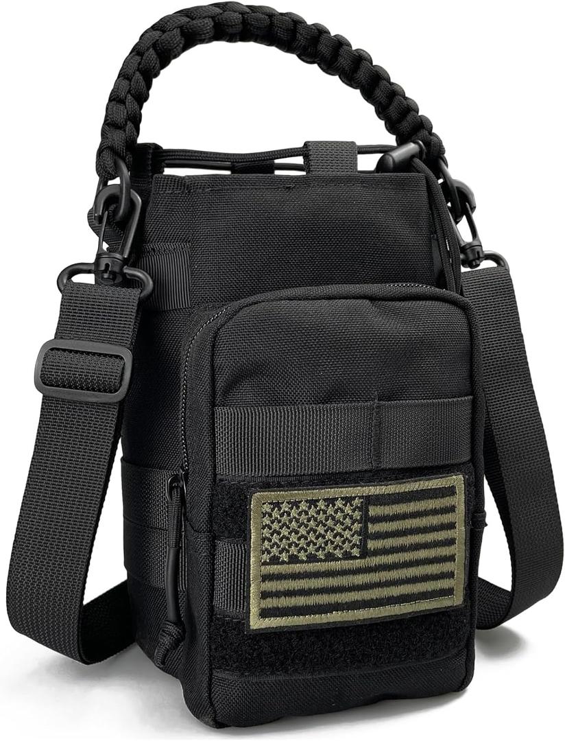 Water Bottle Sleeve - Water Jug Holder with Strap Cross-Body Bottle Carrier with MOLLE System Tactical Military Style Bag (for 64 Oz Bottle, All Black)