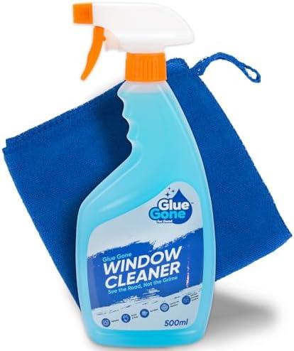 Glue Gone Car Window Cleaner Kit - Includes 500 ml Spray Cleaner and 30cm x 30cm Microfiber Cloth for a Streak-Free Shine, Showroom-Quality Finish - Safe on Tinted Windshields and Car Body Paint