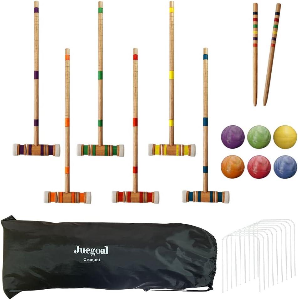 Juegoal Six Player Croquet Set with Wooden Mallets Colored Balls for Lawn, Backyard and Park, 28 Inch