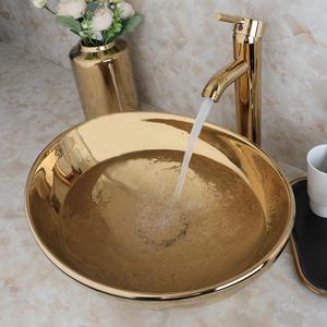 Bathroom Vessel Sink 16 Inch Gold Ceramic Sink Bowl With Gold Faucet and Pop-Up Drain Combo,Oval Bathroom Sink Above Counter Art Sink Washing Basin Set