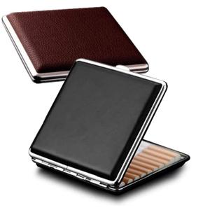 Cigarette Case Stylish Leather Surface Metal Box for 20 Cigarettes Cigarette Box for Men and Women Ideal Gift for Smoker 2 Boxes 84mm Regular Size(Black + Brown) 