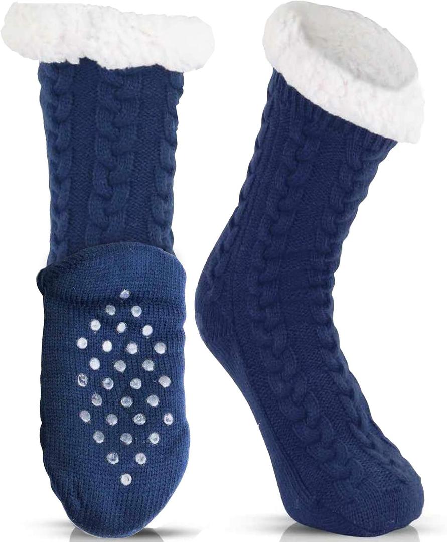 LUTHER PIKE SEATTLE Slipper Socks for Women - Warm, Cozy Socks w/Grippers (One Size, Navy Blue)