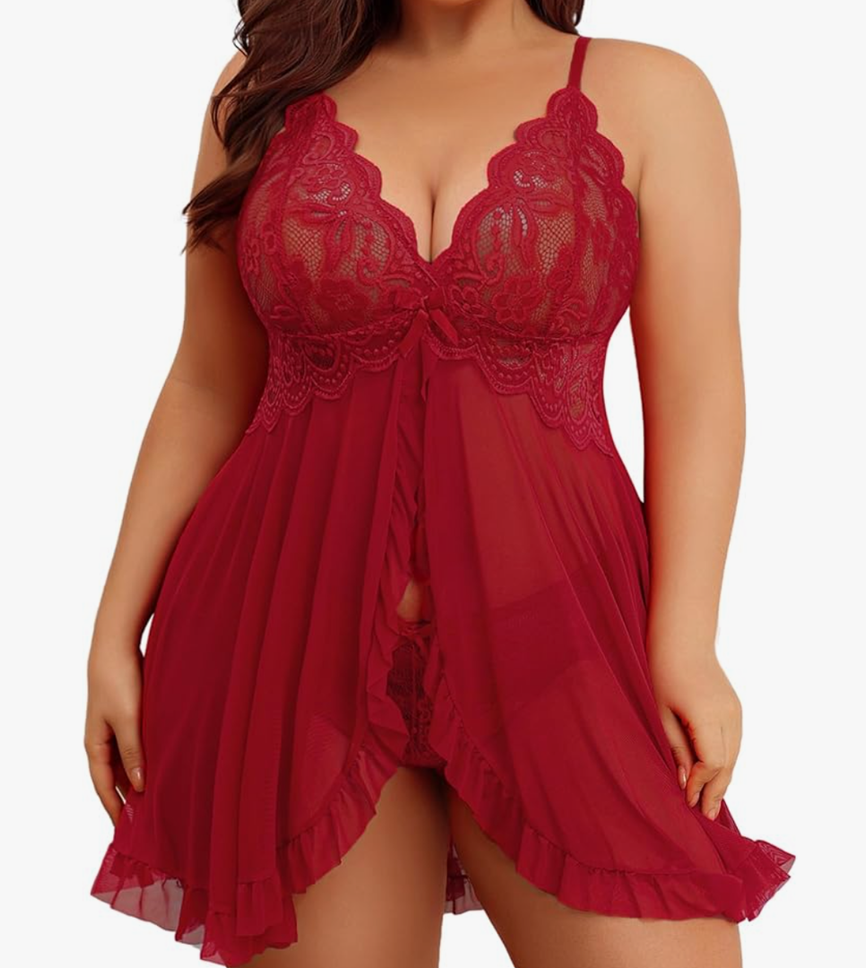 Avidlove Plus Size Lingerie for Women Sexy Lingerie Dress Lace Babydoll Lingerie V-Neck Open Front Strap Nightdress, 4XL