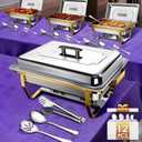 4 Pack Stainless Steel Chafing Dishes Buffet Set with Serving Utensils Sets by Teivio,9 QT Rectangular Gold Chafer Complete Set, Buffet Servers and Food Warmer for Catering, Party, Wedding (Gold)