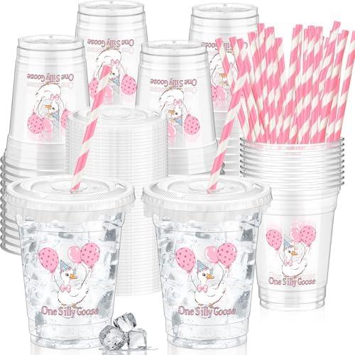 Domensi 50 Pcs One Silly Goose Birthday Party Plastic Cup 12 oz Pink Bow Goose Thick Clear Cup Mugs First Birthday Table Decorations Party Favor