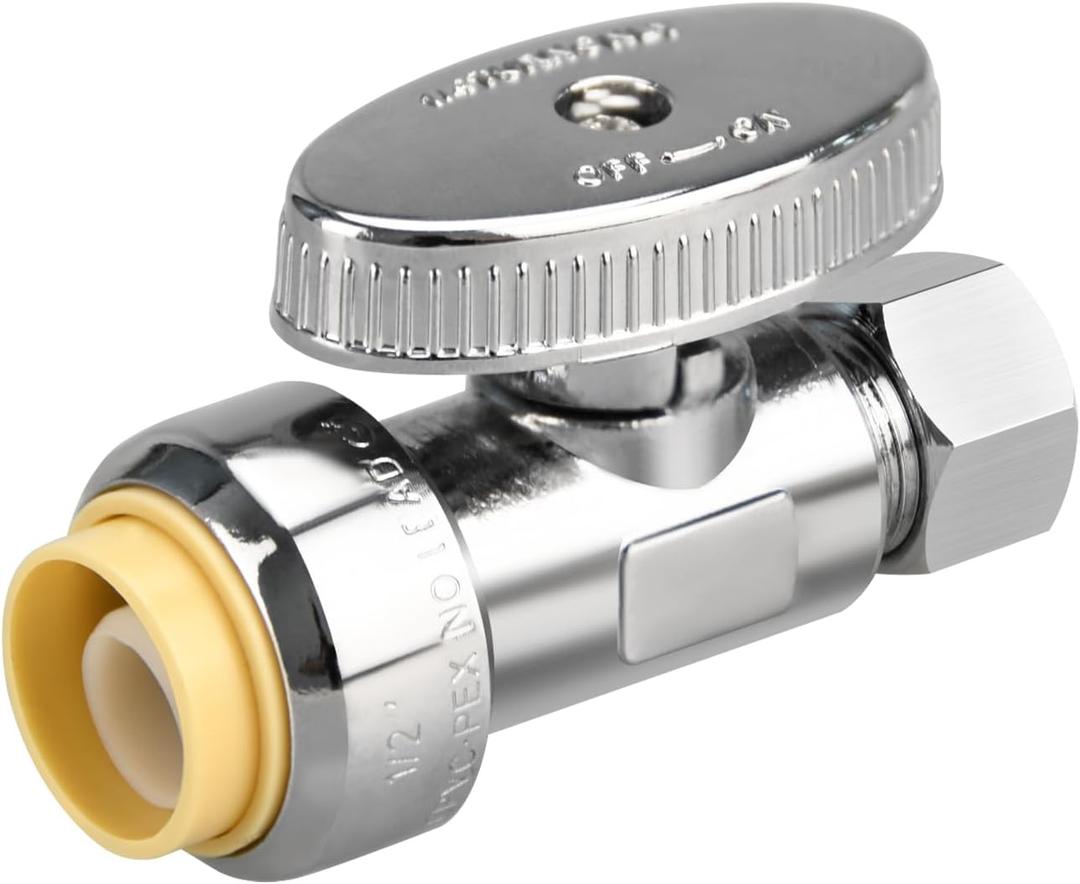 Stop Valves, 1/2" 3/8" Straight Stop Valve, 1/2" PTC Input, 3/8" OD Compression Output, Push to Connect, 1/4 Turn, Chrome Plated Brass for Faucet, Toilet Valves, No Lead