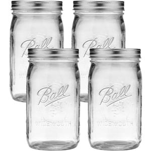Ball Glass Mason Jars with Lids and Bands, Used for Canning, Pickling, Juice, Jam, Jelly (Quart, 32 Ounce (Pack of 4)