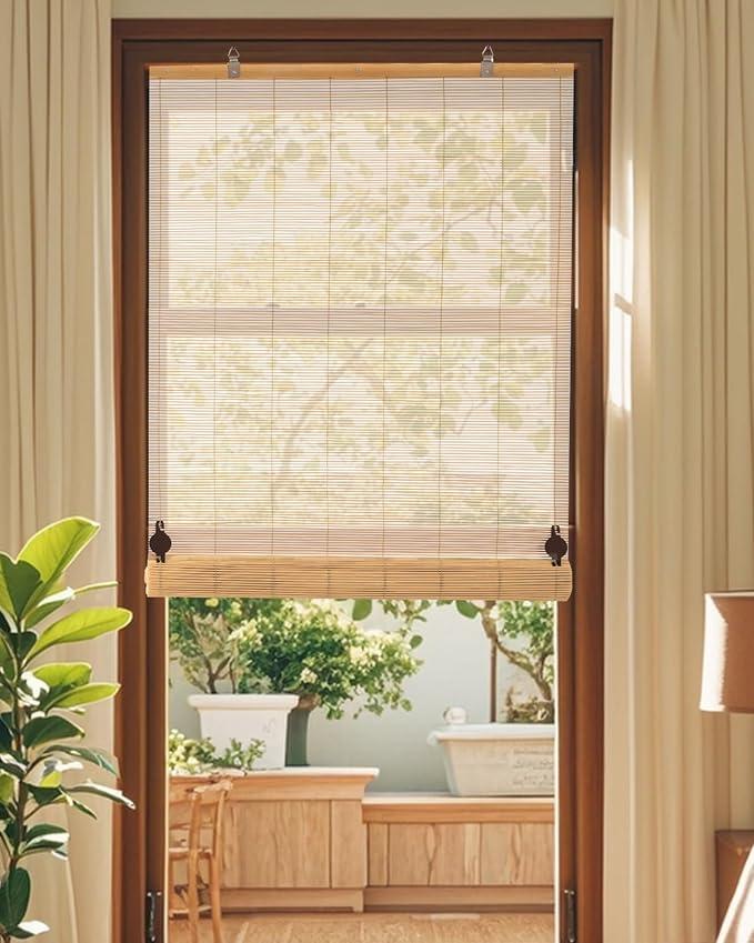  W 28.4"*47 H Cordless Bamboo Roller Shades for Interior, Natural | Light Filtering, Roll Up Bamboo Blinds for Window, French Door, Bedroom, Living Room, Office, Home Patio Porch
