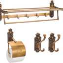 4-Pieces Vintage Bathroom Hardware Set 24 Inch Foldable Wall Mounted Towel Rack with Hooks, Toilet Paper Holder & 2 Wall Hook, Antique Brass Finish, Carving Design for Home, Hotel or Guest Bathroom