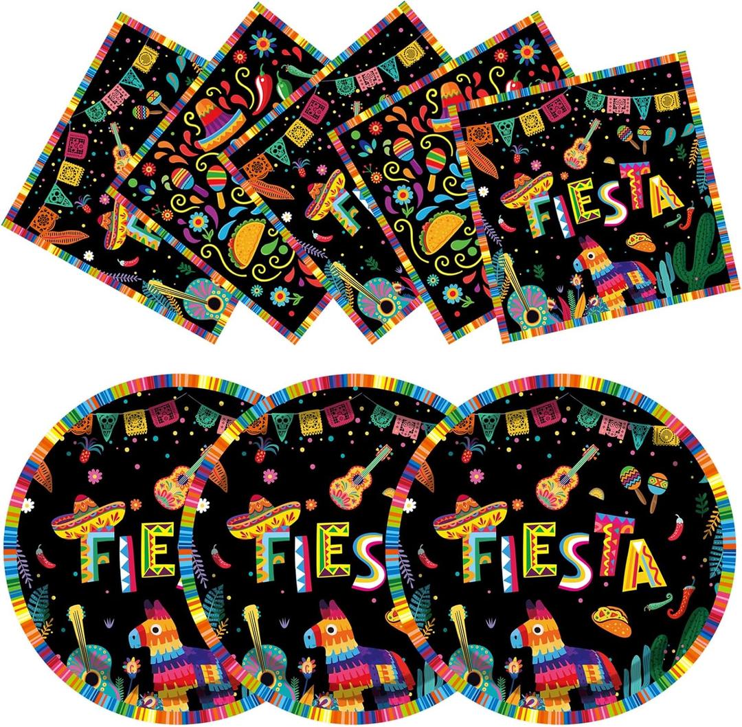 50PCS Mexican Fiesta Plates and Napkins Party Decorations, 7inch Cinco de Mayo Disposable Tableware with Paper Dessert Plates, Luncheon Napkins for Mexican Themed Party, Taco Tuesday, Fiesta Supplies