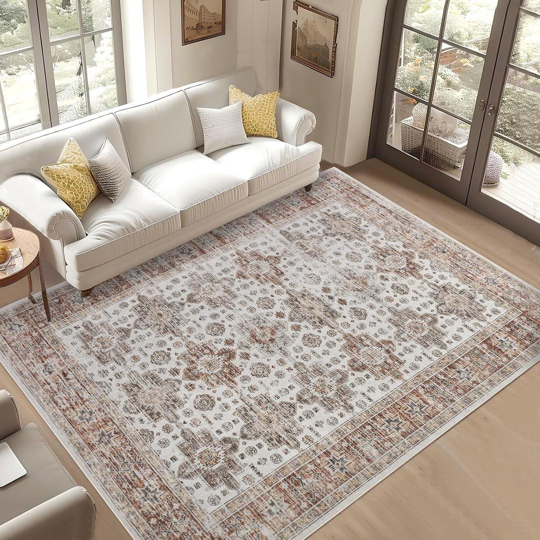 Living Room Rugs 8x10 Washable, Soft Vintage Large Area Rugs for Bedroom Boho Farmhouse Low Pile Non-Slip Indoor Carpet Rugs for Living Room Dining Room Home (Beige, 8'x10')