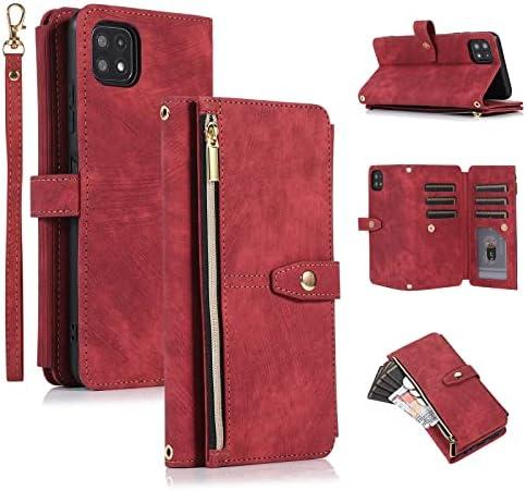 UEEBAI Case for Samsung Galaxy A22 5G, 9 Card Slots Leather Wallet Shockproof Flip Cover with Hand Strap Card Slots Zipper Pocket Kickstand Handbag Magnetic Closure - Wine Red