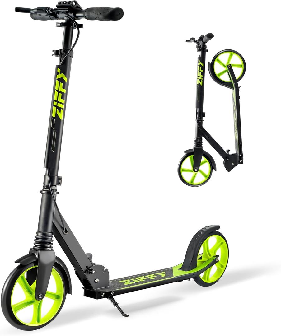 ZIFFY Scooter for Kids with Hand Brake, Foldable Kick Scooter for Ages 6-12, Lightweight Scooter for Boys with 4 Adjustable Heights, ABEC9 Bearings, Supports Up to 260 lbs (Black Green)