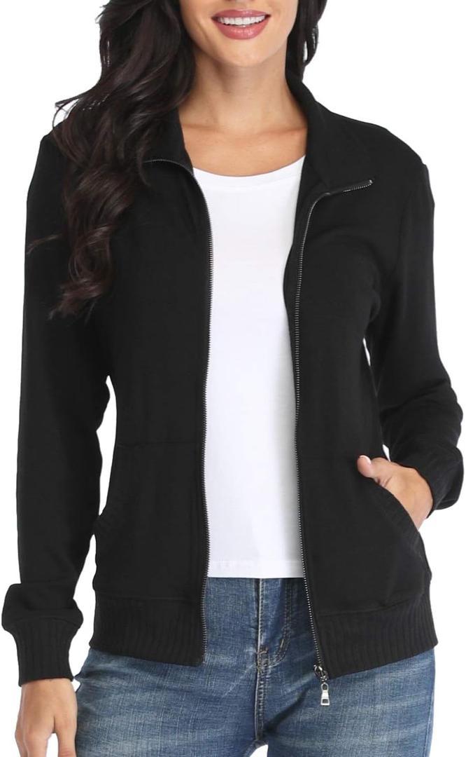 Women's Zip up Sweatshirt Jacket Stand Collar Hoodless Running Sweatshirt with Pockets (X-Large, Long Sleeves - Black)