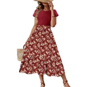 Dokotoo Women's 2026 Summer Dress Short Sleeve Crew Neck Casual Floral Print Long Flowy Dresses Maxi Dresses (XL)