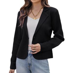 GRACE KARIN Women Sweater Blazer Casual Work Croppped Cardigan Lightweight Button Front Short Knit Blazer Jacket (Large, Black)