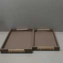 2 Piece Woven Leather Ottoman Tray with Gold Handles, Perfect Rectangular Serving Tray for Living Room, Coffee Table Tray as Thoughtful Gift for Home Decor Enthusiasts (Coffee Brown)