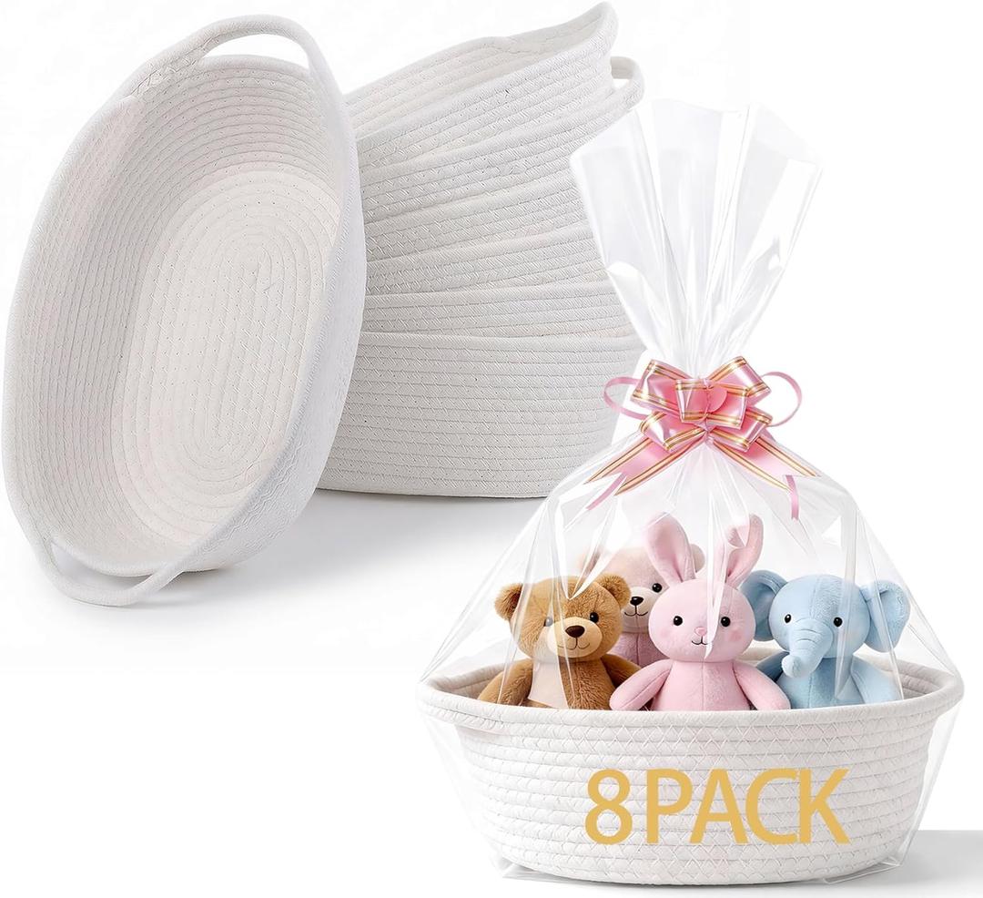 Aycsiyana 8 Pack Small Gift Baskets for Gifts Empty with Gift Bags and Ribbons, 12"x8"x5" Woven Gifts Baskets Empty with Handle, Cute Baby Gift Basket for Nursery, Baby Shower, Birthday
