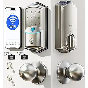Veise VE027-K Built-in WiFi Smart Lock with 2 Knob, Fingerprint Keyless Entry Door Lock Handle Set for Front Door, App Remote Control, Electronic Digital Keypad Deadbolt, IP65 Waterproof, Satin Nickel