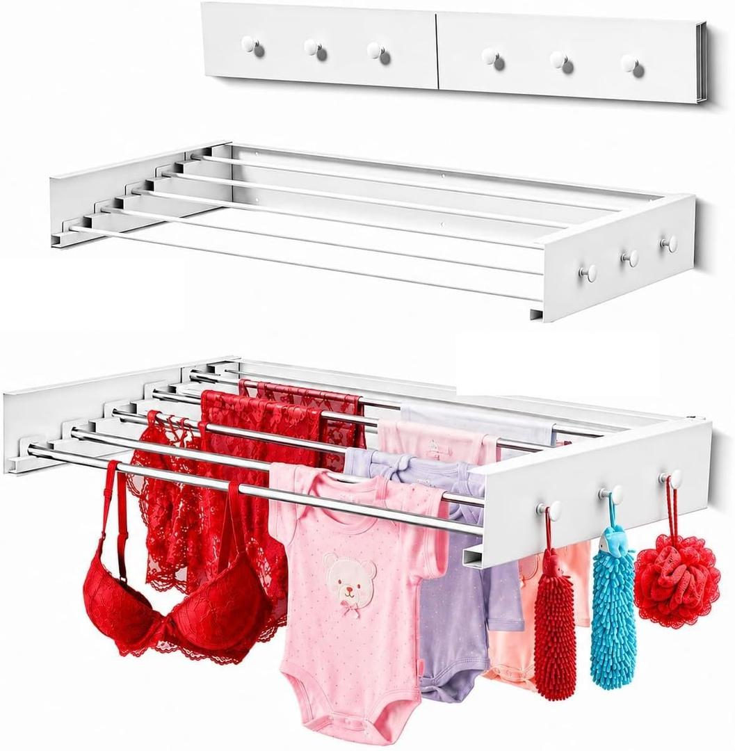 Wall Mounted Clothes Drying Rack - 31.5" Foldable Clothes Drying Rack Wall Mount, 5 Steel Rods With Knobs, Retractable Space-Saving Laundry Rack, Heavy Duty 60 lbs Capacity (Wall Template Included)