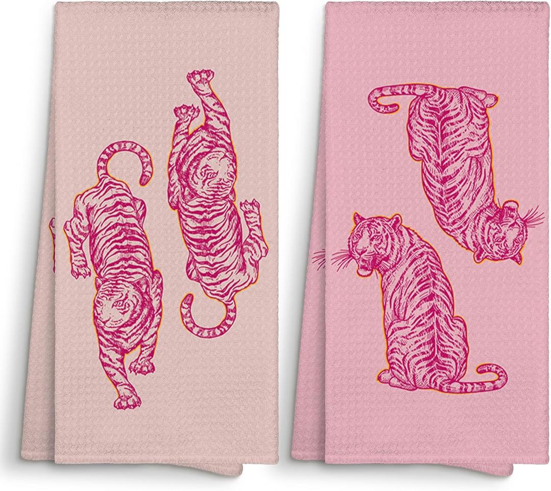 Sviojuce Trendy Preppy Pink Tiger Kitchen Towels Decorative 16x24, Hot Pink Tiger Decor Dish Towels Cloths Dishcloths Tea Towel Gifts for Women Teen Girl, Girly Dorm Bathroom Kitchen Hand Towel Decor