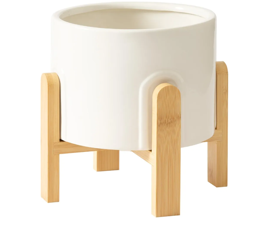La Jolie Maison White Planter with Wood Stand, 9 Inch Ceramic Planter for Indoor Plants, Large Modern Planter Pots with Drainage Hole