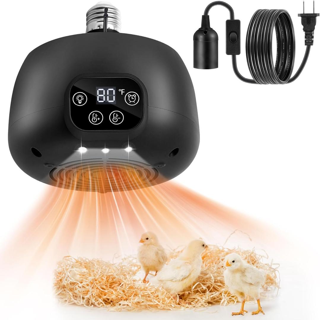 1 Pack Chicken Coop Heater 200W with Lighting and Temperature Control Chicken Heating Lamp with Digital Display 5Ft Cable Brooder Heater for Reptiles, Remote not Include