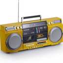 aiwa Retro Boombox CD Player with Cassette Recording, Bluetooth 5.0, FM/AM Radio, USB/SD/AUX Inputs, VU Meters, LCD Display, Dual 40W Speakers - Yellow
