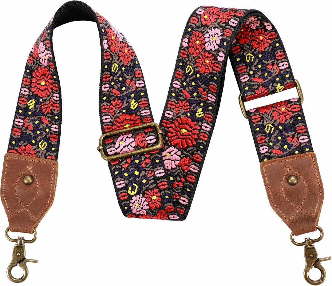 Nefelibata Purse Strap, 2" Crazy Horse Leather End Shoulder Strap Adjustable Replacement,Retro Jacquard Embroidery Multi-pattern Crossbody Bag Straps for Handbag,Crossbody Bags(Pink Embroidery) (Brilliant Rose)