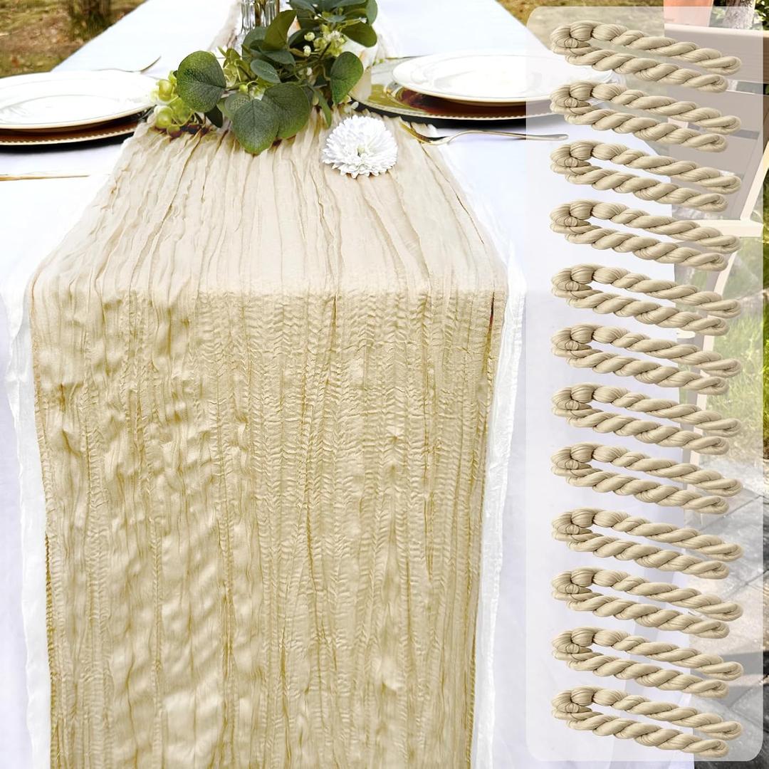 12 Pack Beige Cheesecloth Table Runner 22x120 Inch-Naturally Dyed Colors Sheer Gauze Ivory Cheese Cloth Wedding Table Runner,Rustic Boho Crinkle Fabric, Reception, Bridal Shower,Farmhouse Dining Decor