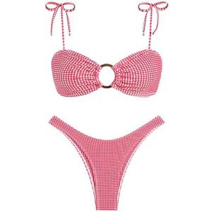 ZAFUL Women's Bandeau Tie Spaghetti Strap Bikini Textured O Ring Ruched High Leg Swimsuit Cheeky Bathing Suits, Small