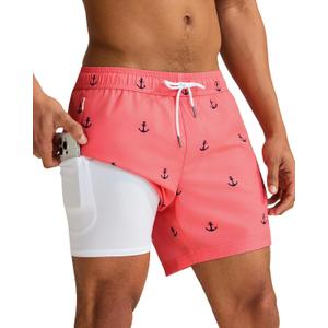 maamgic Mens Swim Trunks with Compression Liner 5 Inch, Quick Dry Bathing Suit with Zipper Pockets, No-Chafing Swim Shorts (Large, Pink-anchor)