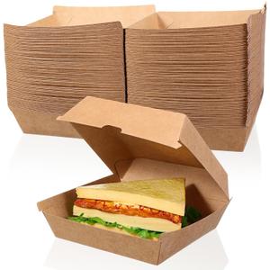 Gilprop 100 Pcs 6 x 6'' Clamshell Take out Food Storage Container Burger Box Kraft Paper Carryout Boxes Grease Proof Disposable Microwavable Bento Box with Lid for Hamburger Sandwiches Chips Dessert