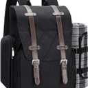 Picnic Backpack for 4 Person with Large Insulated Cooler Bag, Picnic Basket Set with Wine Pouch, Waterproof Picnic Blanket & Cutlery Set. Perfect for Beach, Camping, Party,Wedding Gift for Couple. (Black)