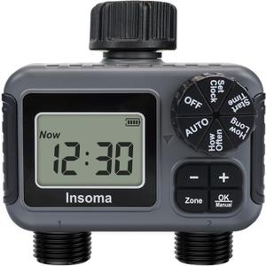 Insoma 2-Zone Sprinkler Timer, Programmable Garden Hose Timer with Auto/Manual/Rain Delay Modes | Water-Saving Irrigation Controller for Lawn, Yard & Drip Systems | Waterproof Design & Easy Setup