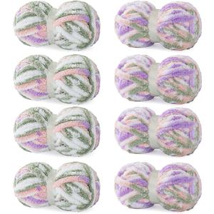 HOMBYS 8 Pack Tie Dye Chunky Chenille Yarn for Hand Knitting, Fluffy Soft Jumbo Crocheting, Super Bulky Plush Big for Chunky Blanket, Large Thick Arm Knitting (8, Pink, Purple, Green, White)