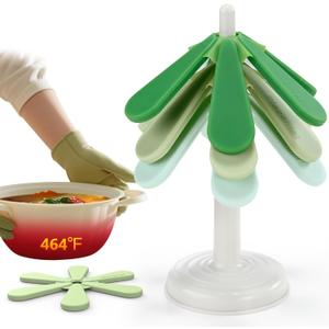IPOW Festive Silicone Tree Trivet Set for Hot Pots & Pans - Heat-Resistant, Space-Saving Holiday Kitchen Decor & Practical Gift (Dishwasher Safe) (Green)