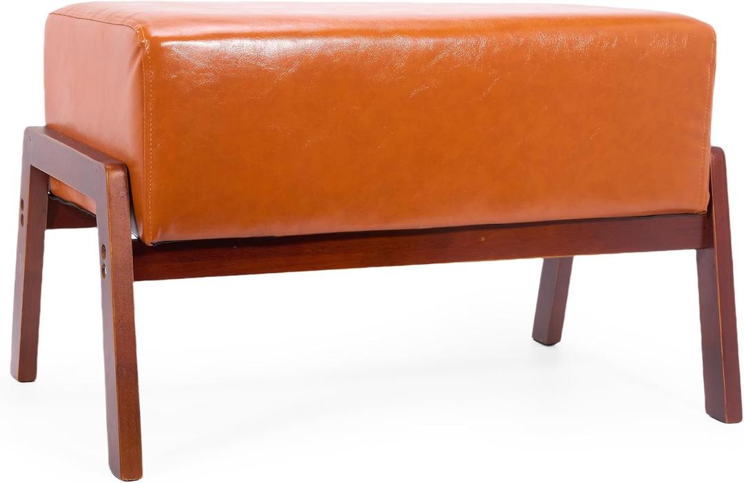 GENMOUS 24.5'' Ottoman Leather Foot Stool, Rectangle Sofa Foot Rest Ottoman, Modern Padded Seat & Wood Frame Faux Leather Step Stool for Bedroom Living Room (Yellowish-Brown)