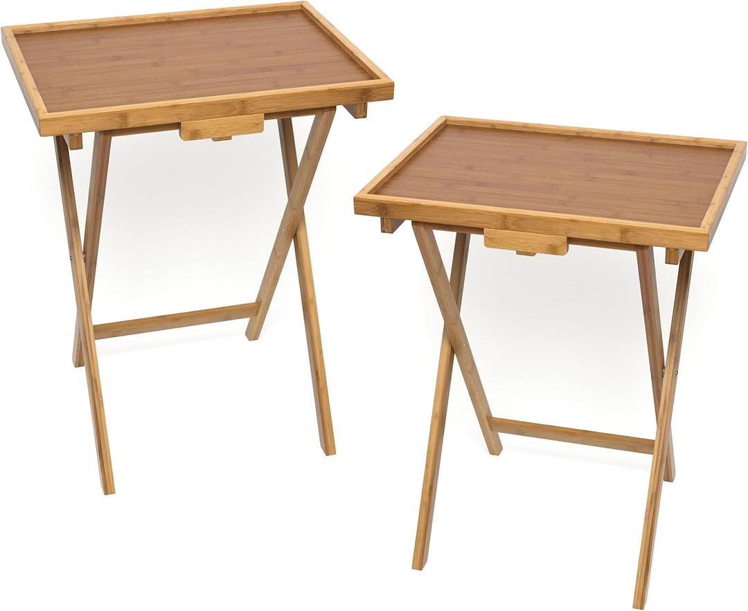 Lipper International Bamboo Wood Lipped Folding Snack Table Trays for Kitchen, Home, Office and Playroom, Set of 2