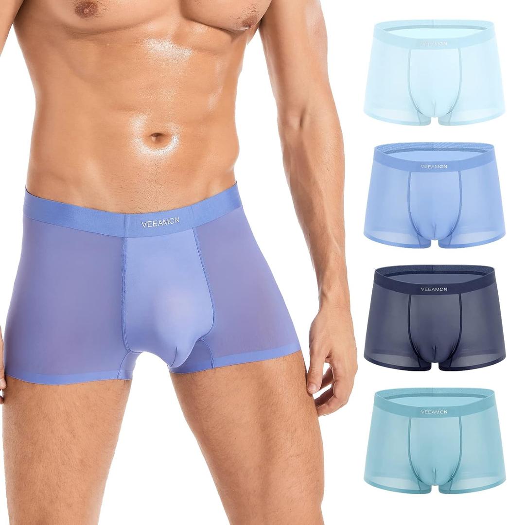 Mens Ice Silk Underwear 4-Pack Boxer Briefs Cotton Modal Comfortable Soft Trunks Underwear With Gift Box (Large, Frost Blue/Water Blue/Rime Gray/Crystal Green (Ice Silk))