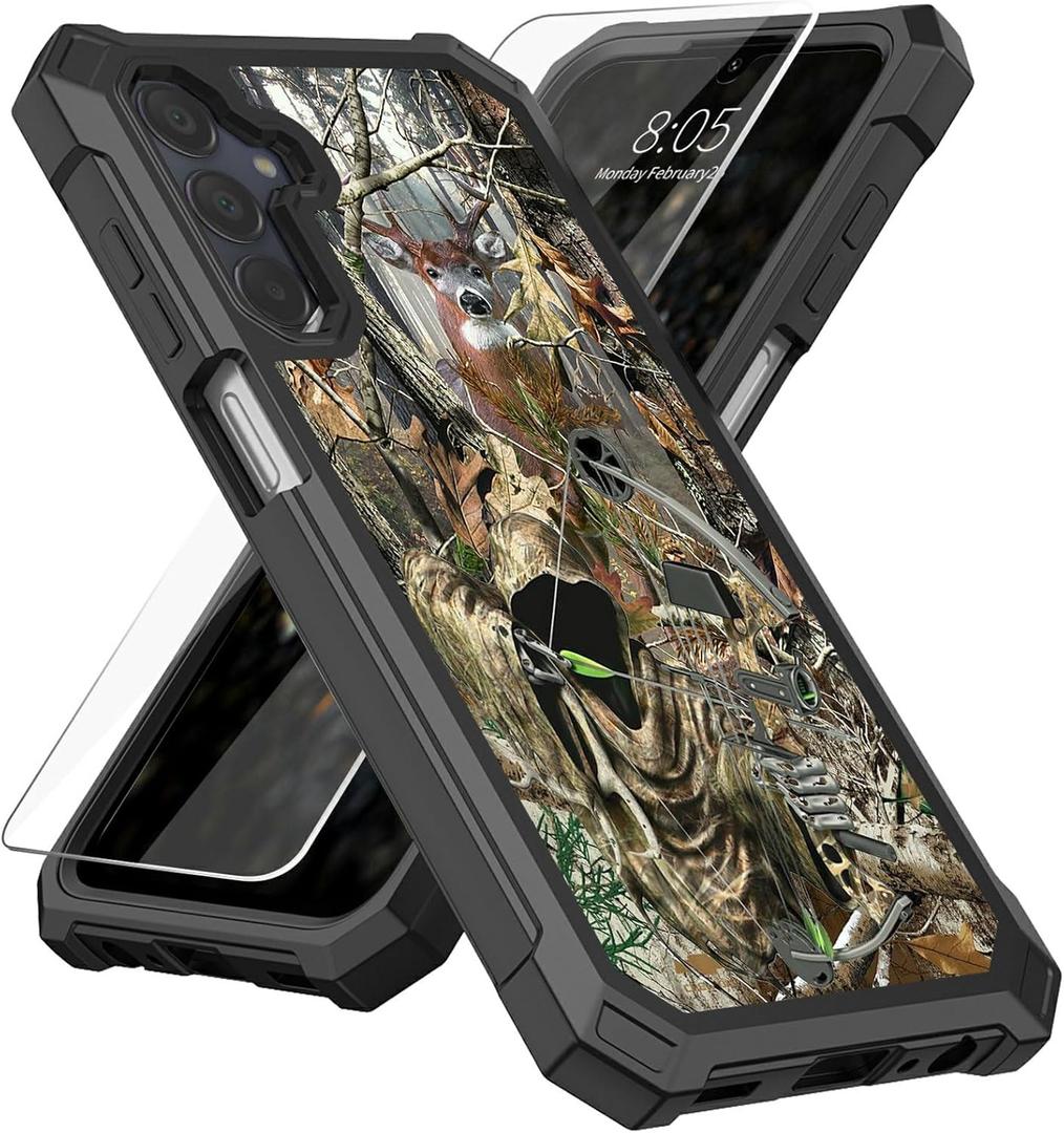 for Samsung Galaxy A15-5G Case with Screen Protector, Military Grade Drop Protection, Dual Layer Hybrid Shockproof Protection TPU Phone Case for Samsung A15 5G, Camo Deer Hunter
