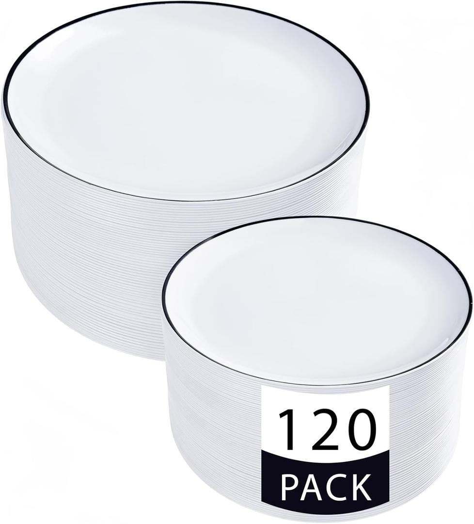 LIYH 120 Pcs White Plastic Plates with Black Rim - Plastic Disposable Plates Dishes for Party Includes Dinner 10.25" & Dessert Plate 7.5" for Party Birthdays New Years Day