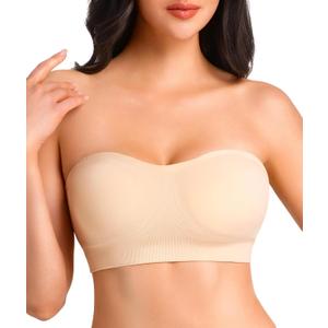 Strapless Bras for Women Non-Slip Wireless Bandeau Bra Seamless Padded Tube Top Bra Including Fabric & Clear Straps (Beige, M)